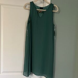 Sleeveless Teal Green Shift Dress with Embellished Neckline